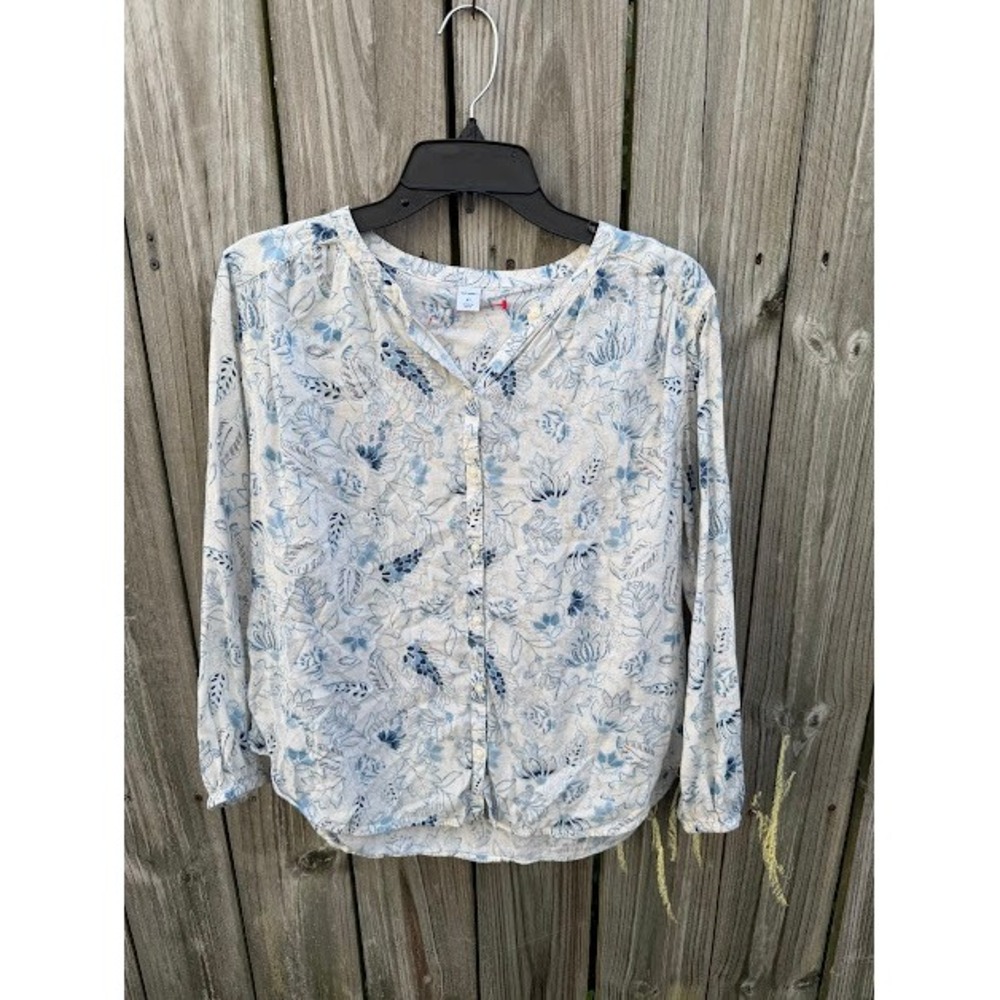 Boho Botanical Floral Old Navy Blouse XS Blue White Long Sleeve Button Down